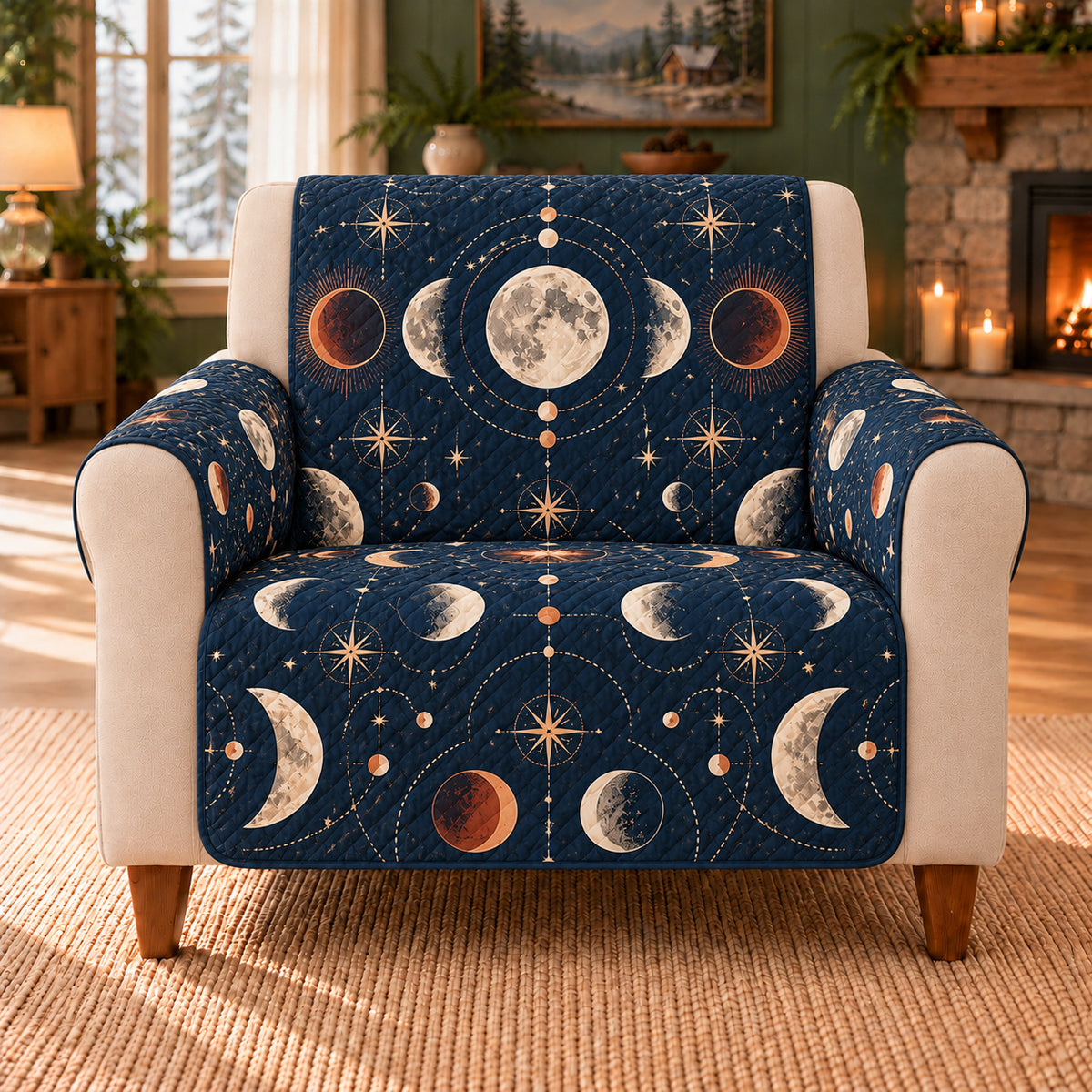 Lunar Event Mosaic sofa cover on a beige armchair