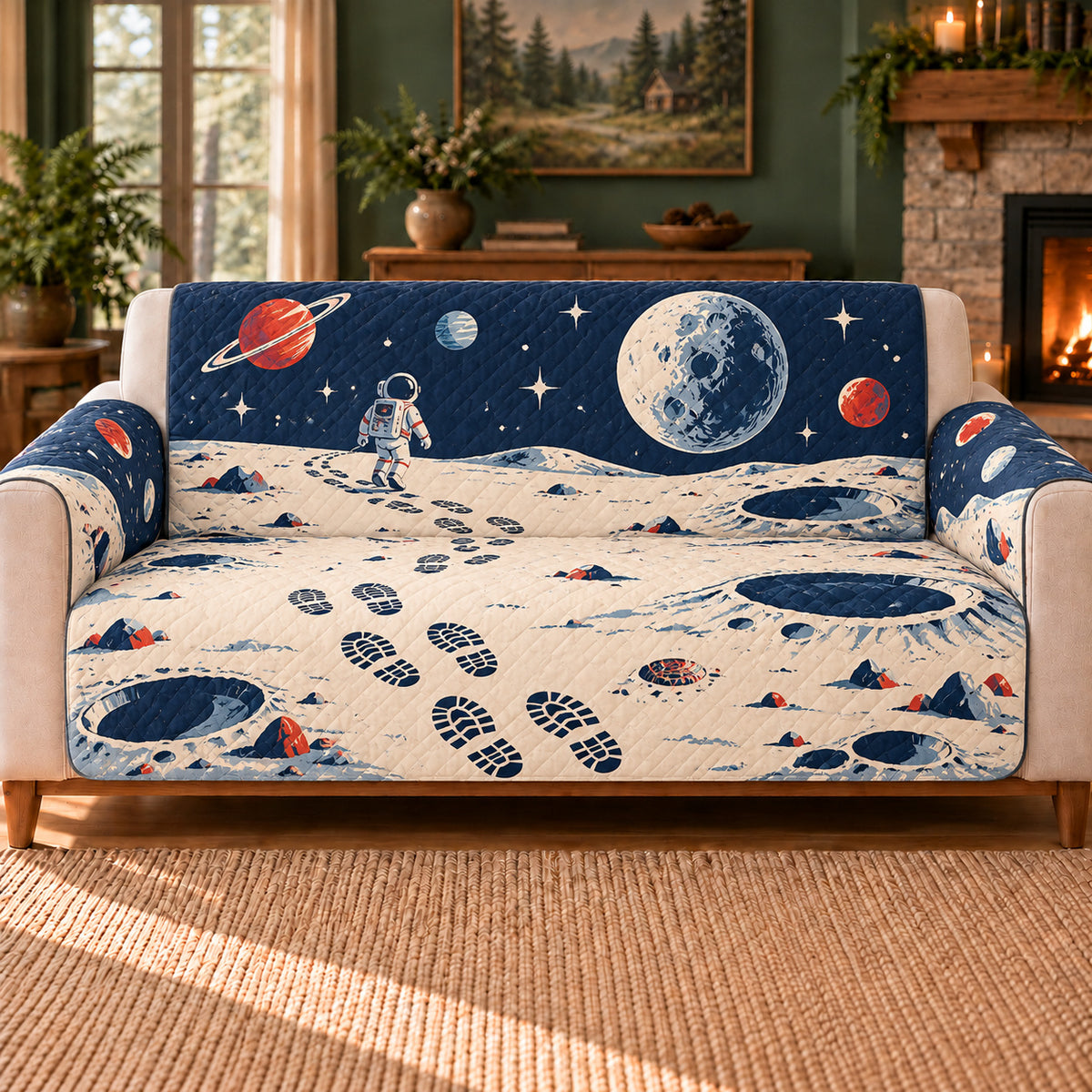 Lunar Footprint Trails sofa cover on a beige sofa