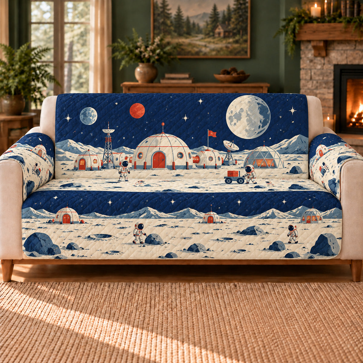 Lunar Habitat Row sofa cover on a beige sofa