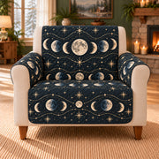 Lunar Phase Meander cover on a beige armchair, AI-generated design preview