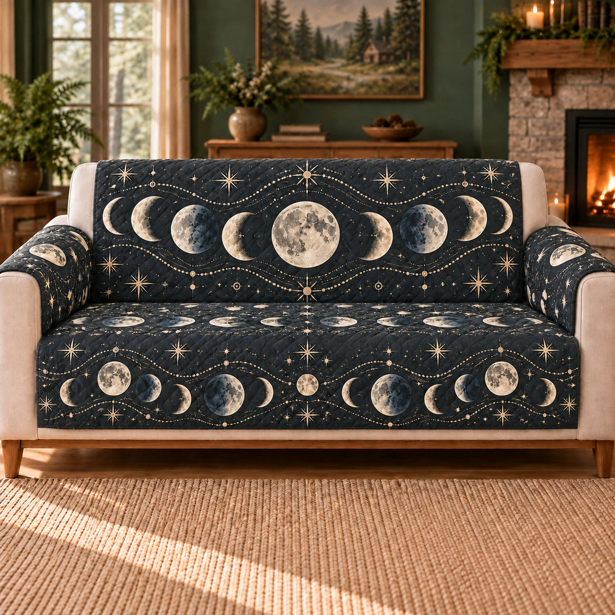 Lunar Phase Meander cover on a beige sofa, AI-generated design preview