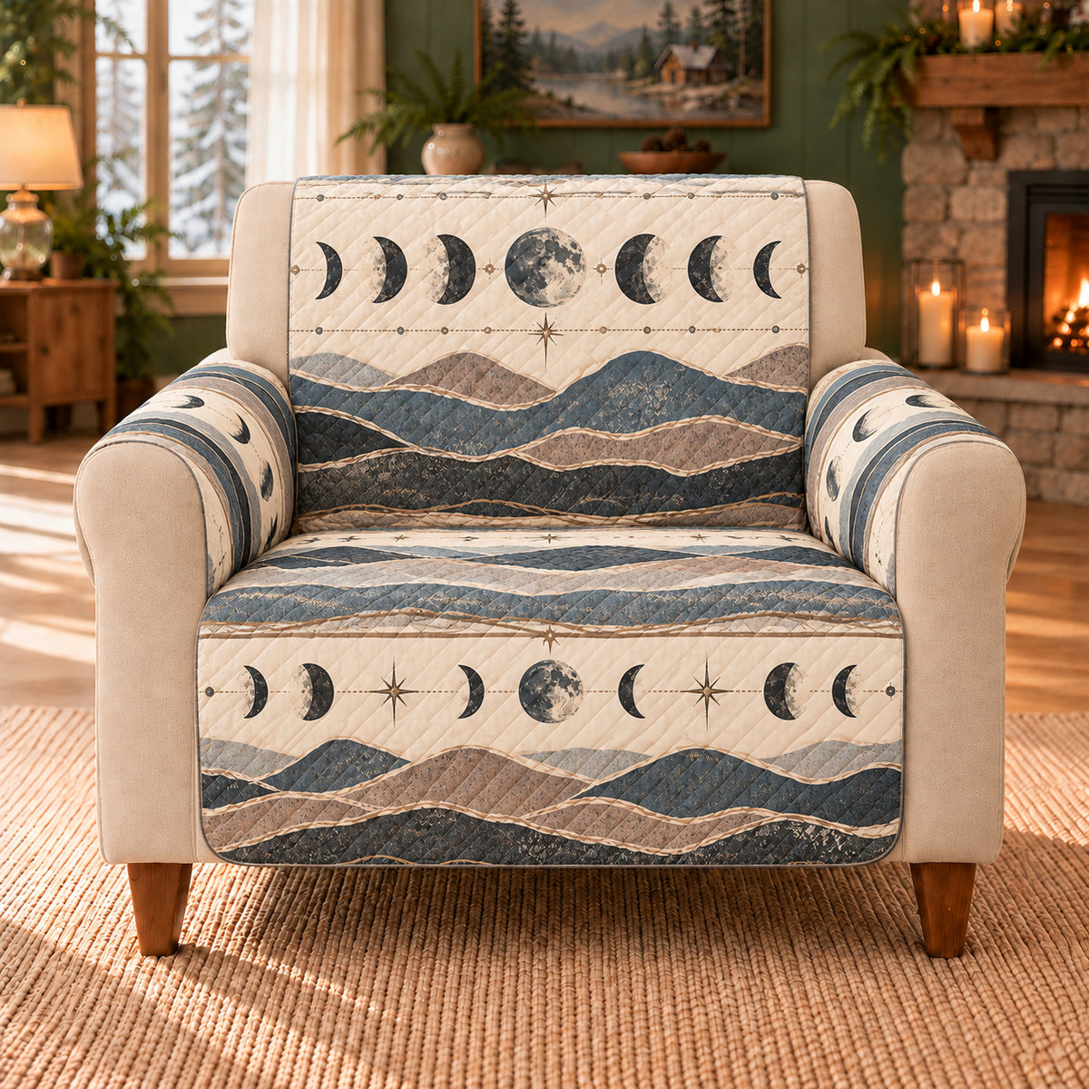 Lunar Strata Repeat sofa cover on a beige armchair