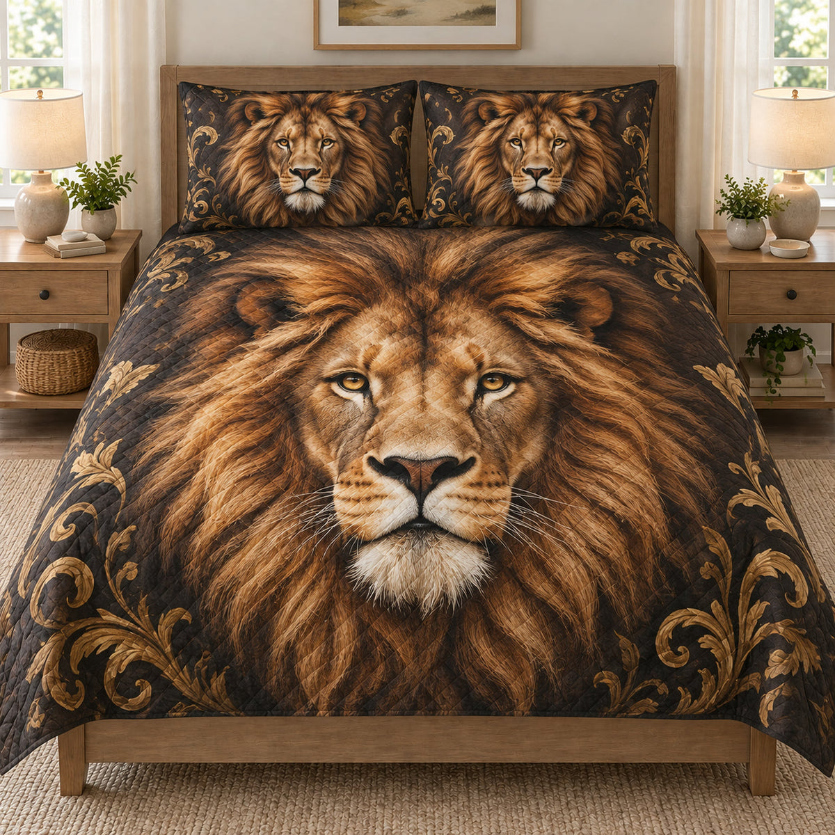 Majestic Lion Gold Ornamental quilt set displayed on a bed with coordinating pillow shams
