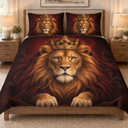 Majestic Lion King Crown quilt set displayed on a bed with coordinating pillow shams