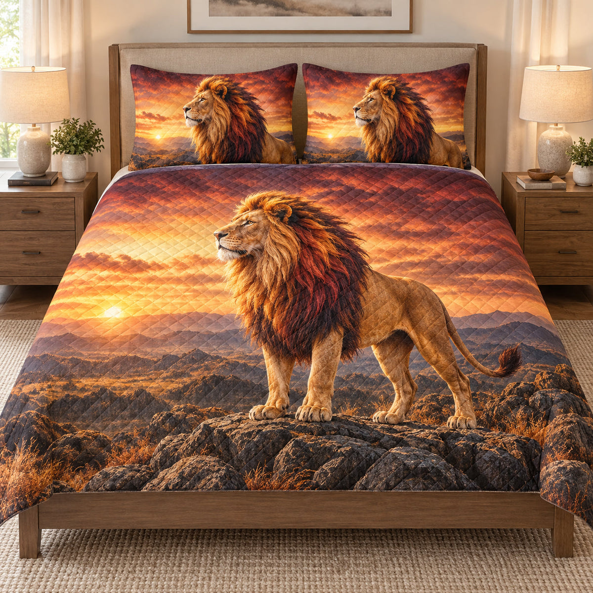 Majestic Lion Sunset Safari quilt set displayed on a bed with coordinating pillow shams