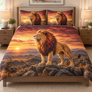 Majestic Lion Sunset Safari quilt set displayed on a bed with coordinating pillow shams