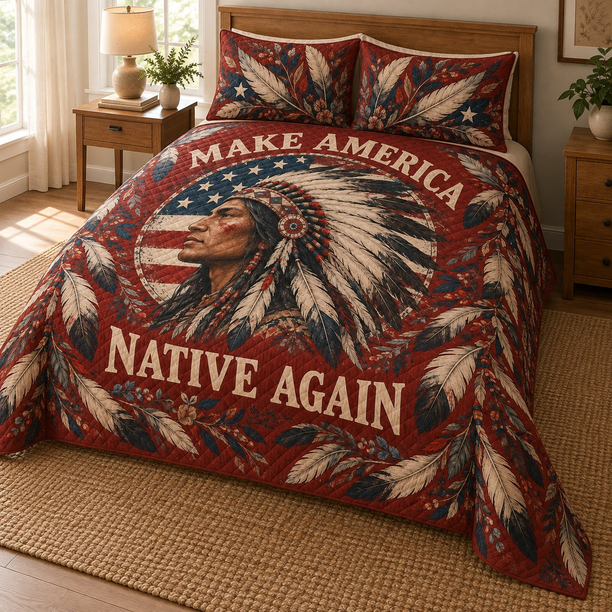 Make America Native Again quilt set angled view