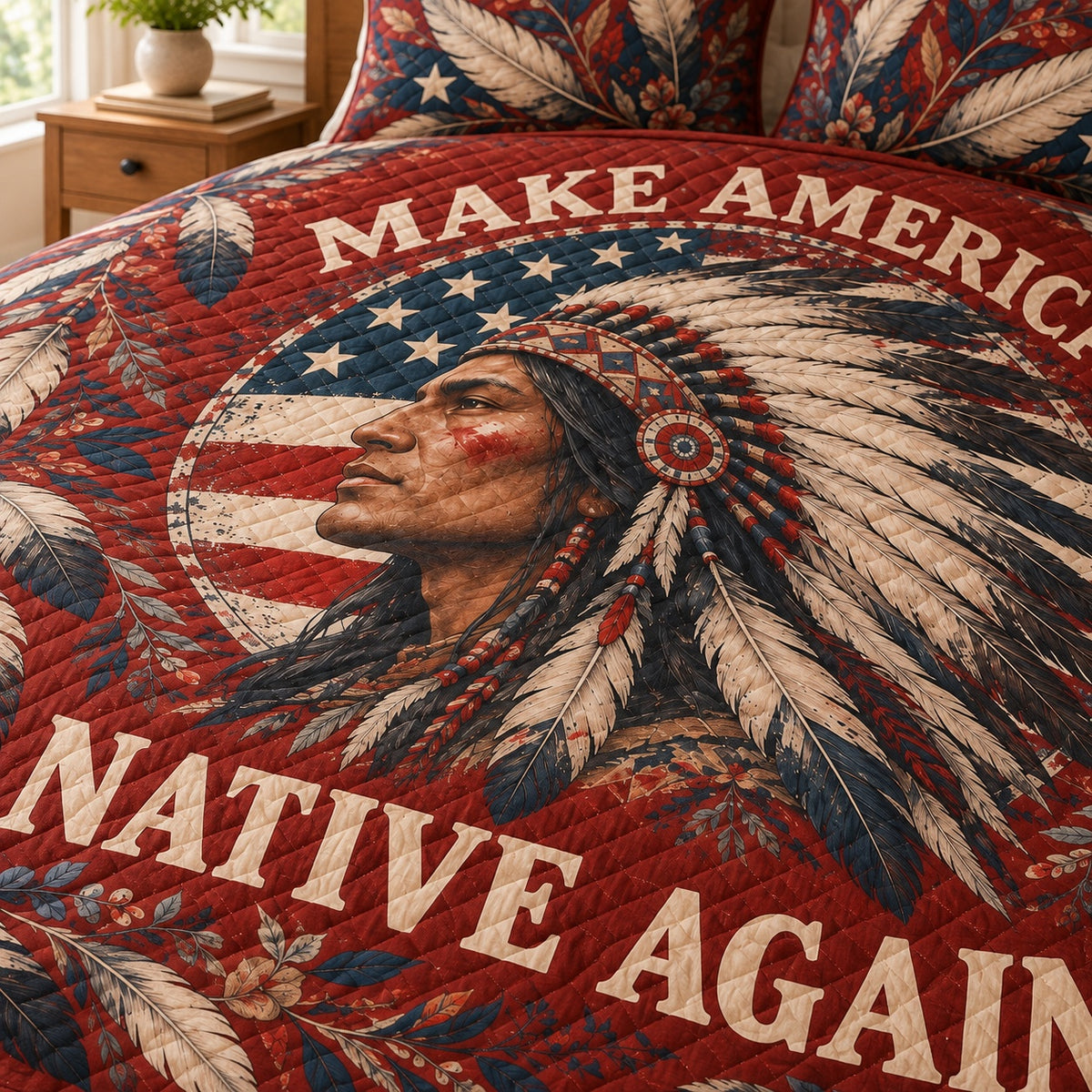 Printed portrait feather artwork and diamond quilt stitching detail