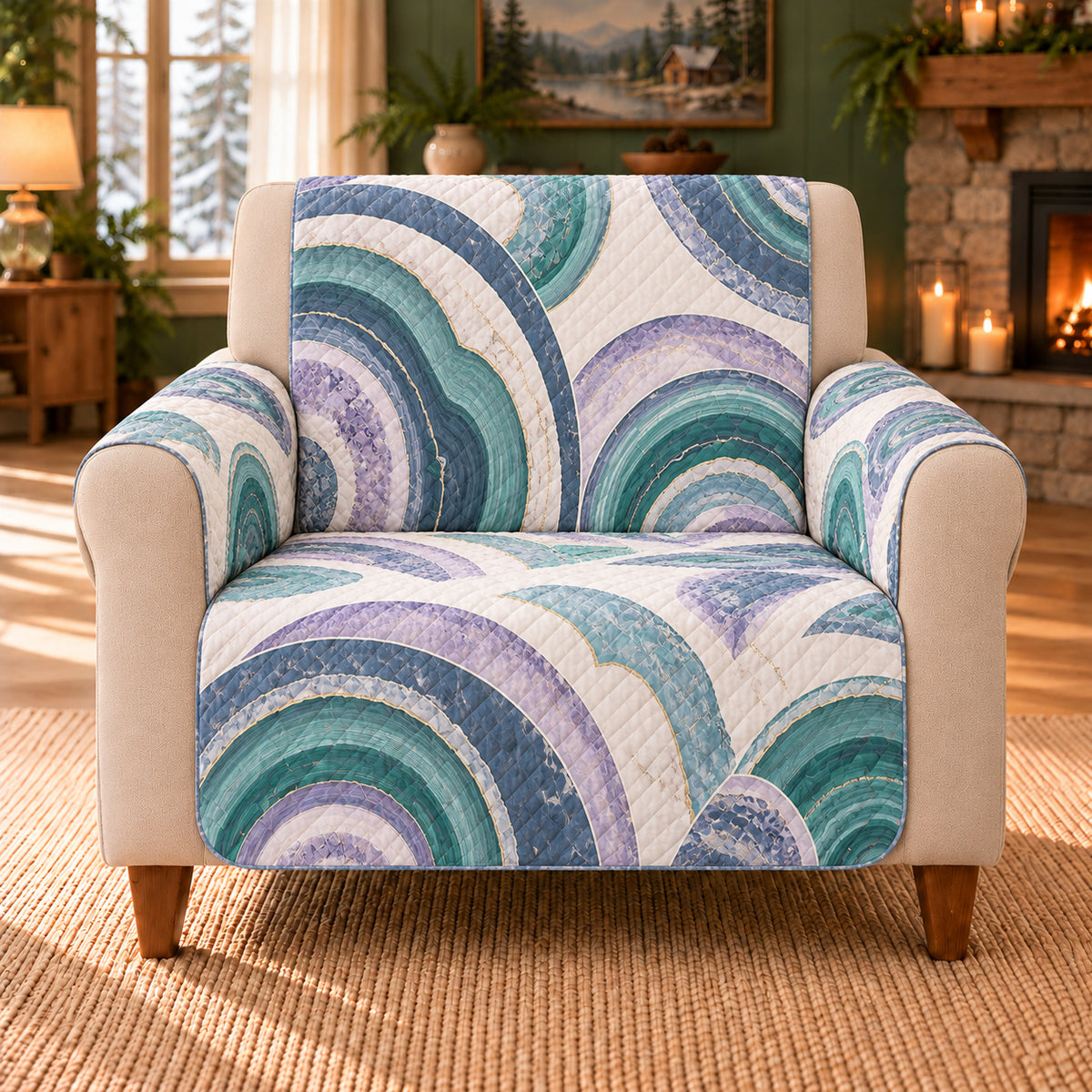 Malachite Arc Mosaic sofa cover on a beige armchair
