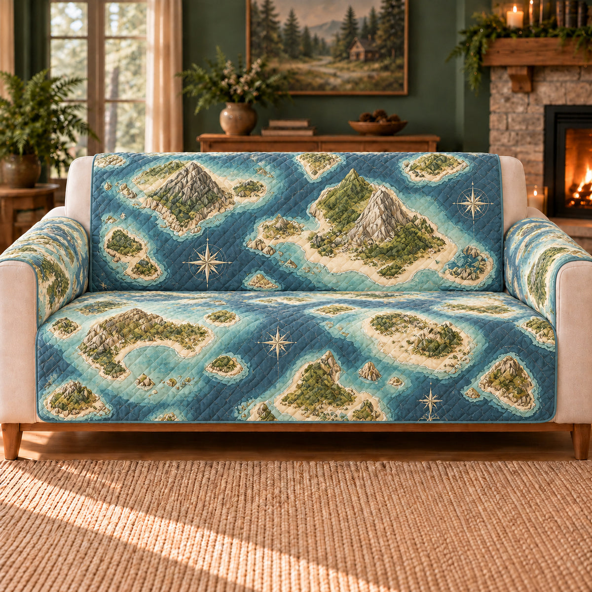 Map Island Mosaic sofa cover on a beige sofa