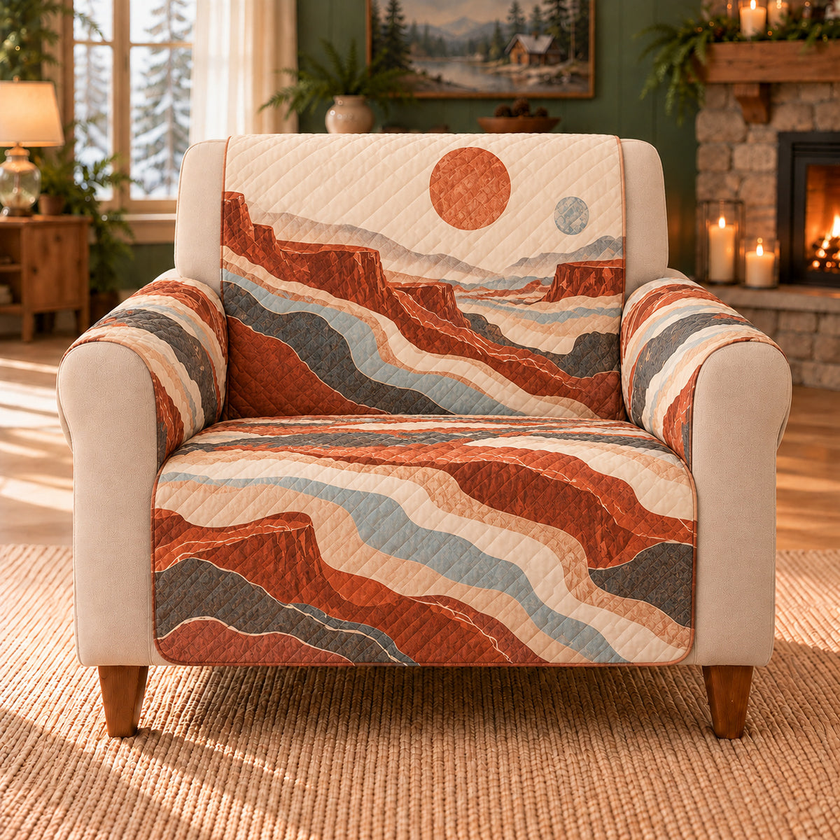 Mars Contour Bands sofa cover on a beige armchair