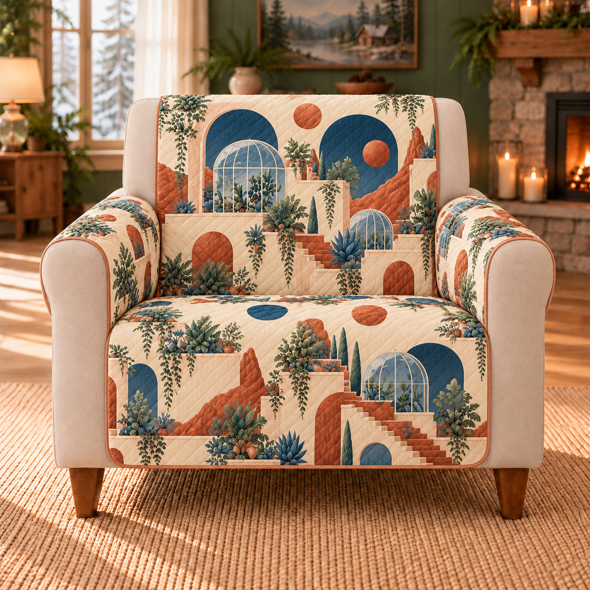 Mars Terrace Tiles sofa cover on a beige armchair