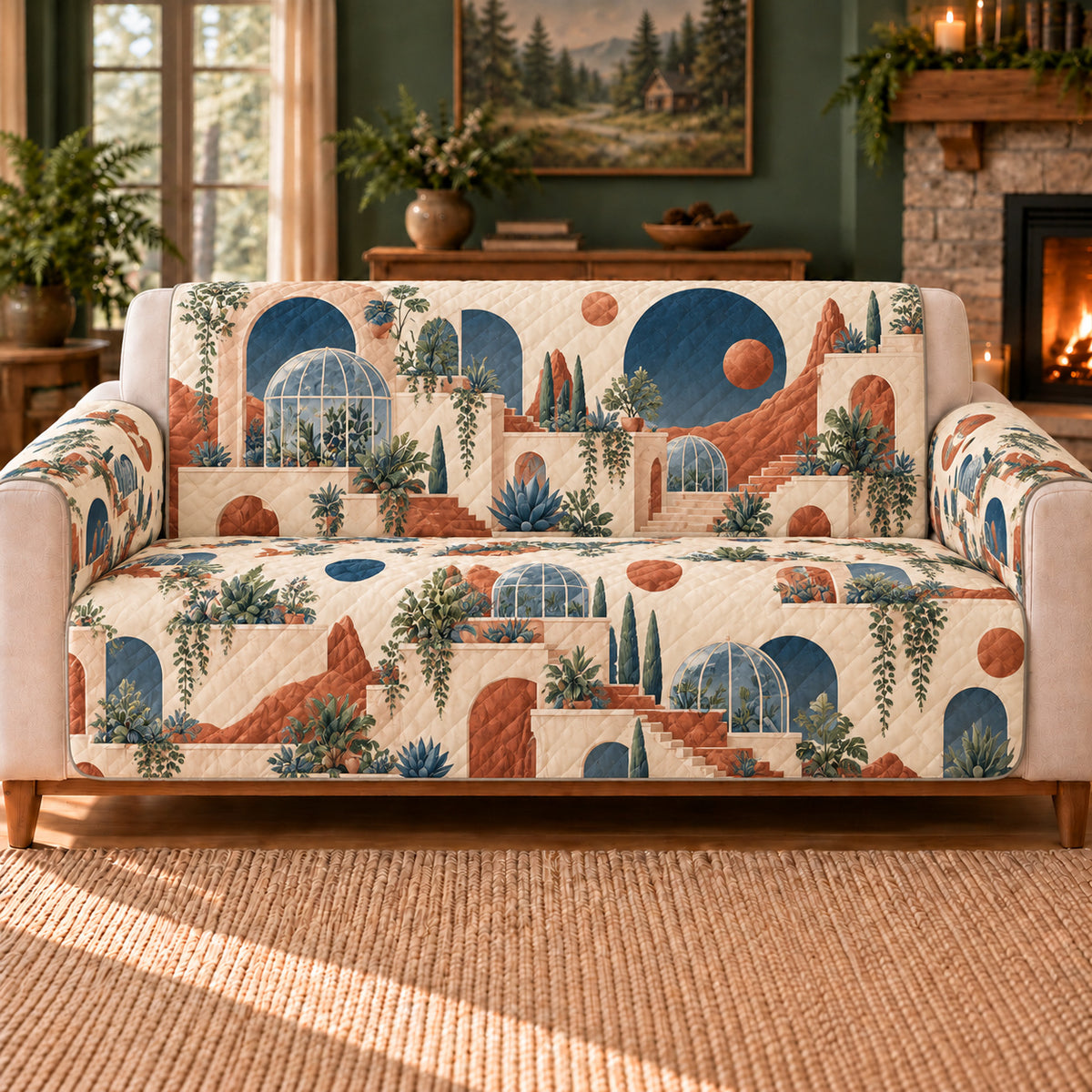 Mars Terrace Tiles sofa cover on a beige sofa