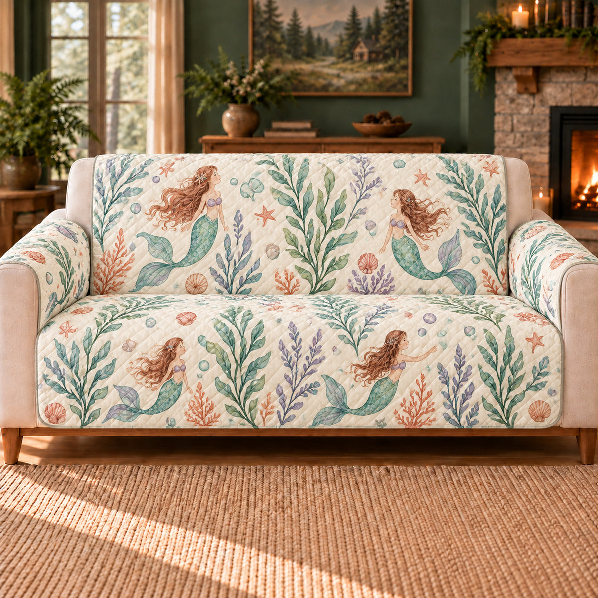 Mermaid Kelp Sprigs sofa cover on a beige sofa