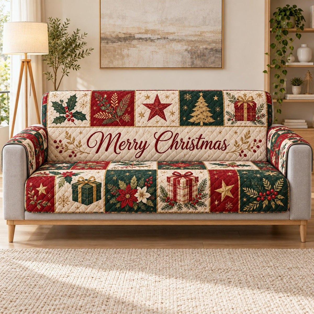 Merry Christmas patchwork quilted sofa cover in red green cream and gold