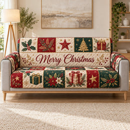 Merry Christmas Patchwork Sofa Cover, Festive Holiday Home Decor, Gift for Christmas Lovers