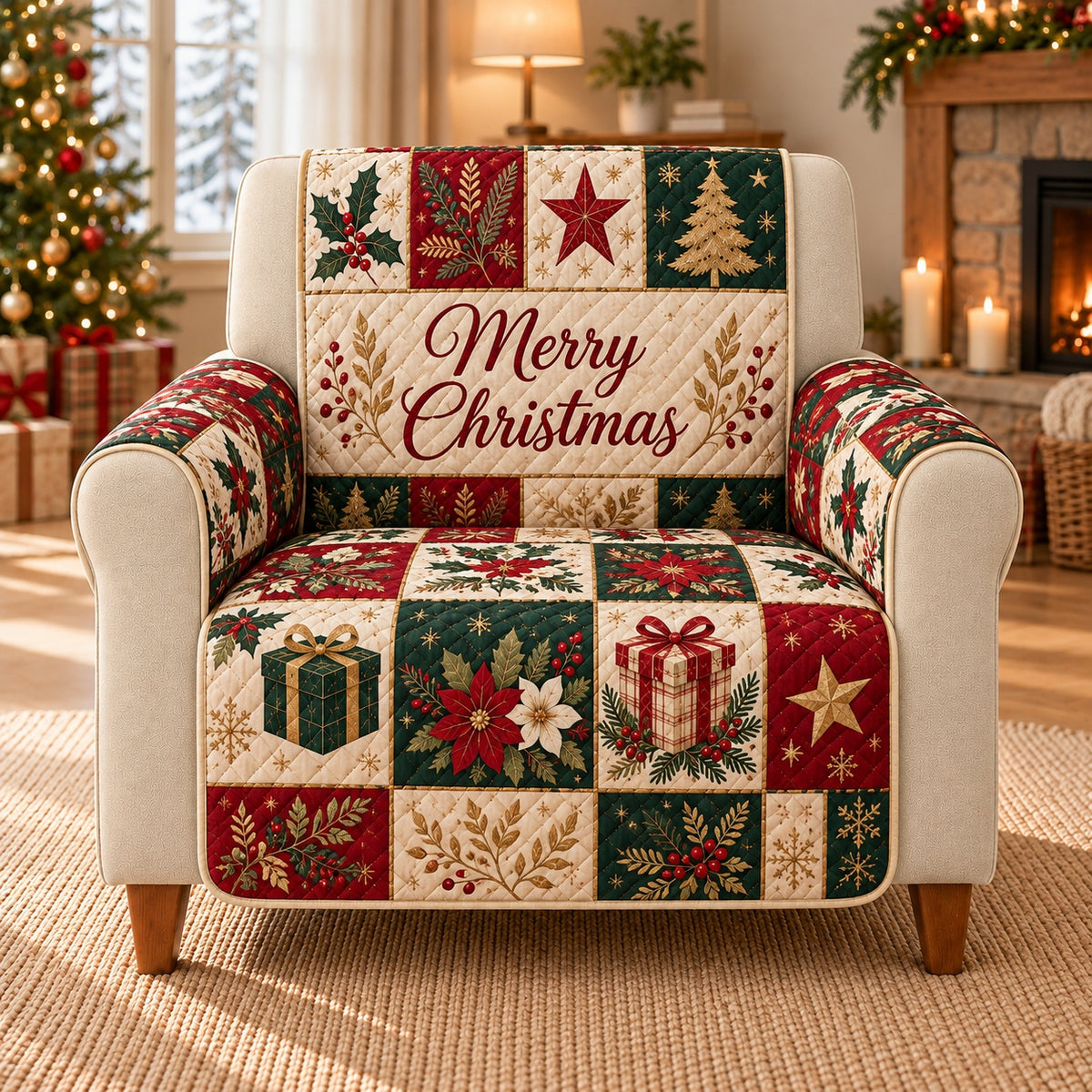 Merry Christmas patchwork quilted cover on a single-seat armchair