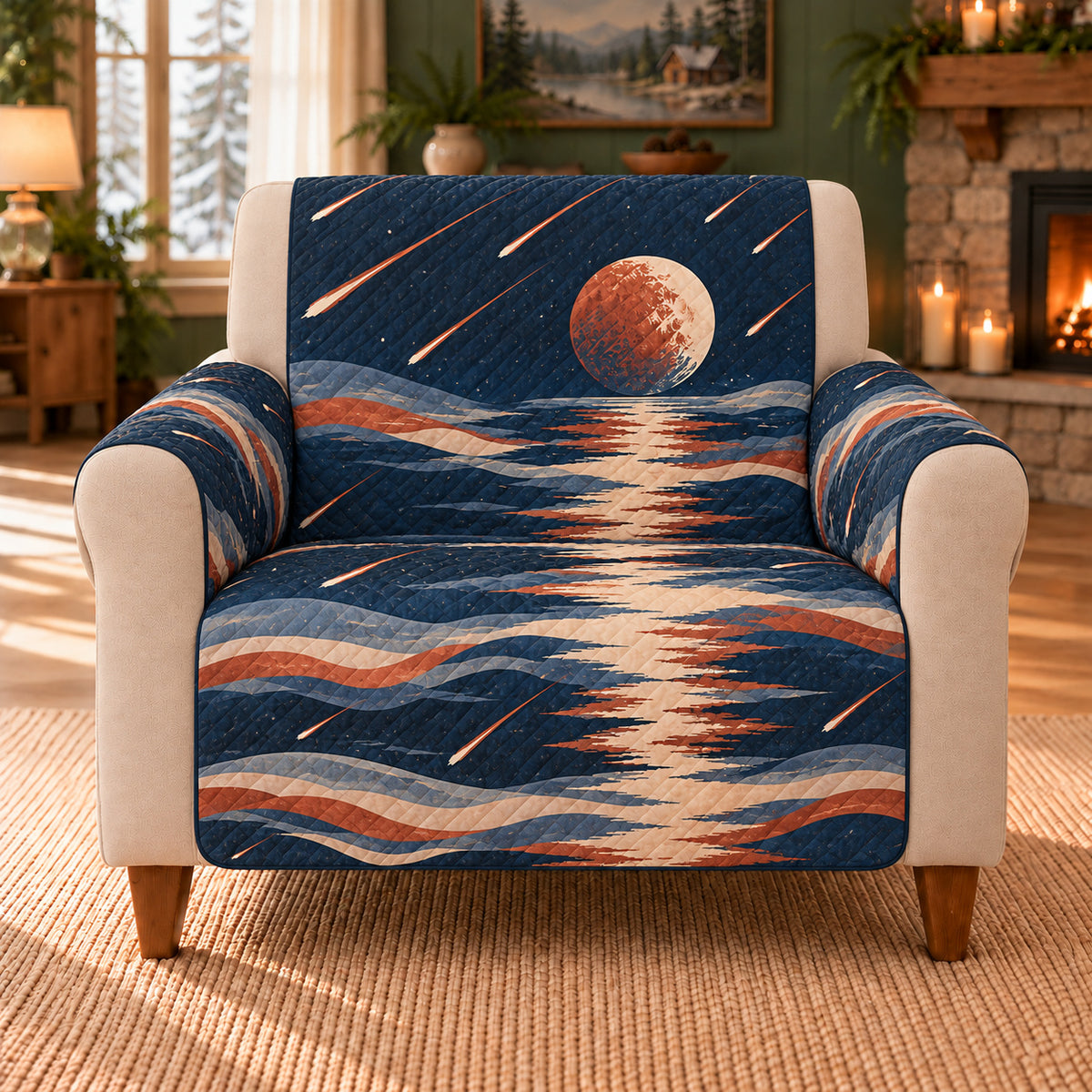 Meteor Water Bands sofa cover on a beige armchair