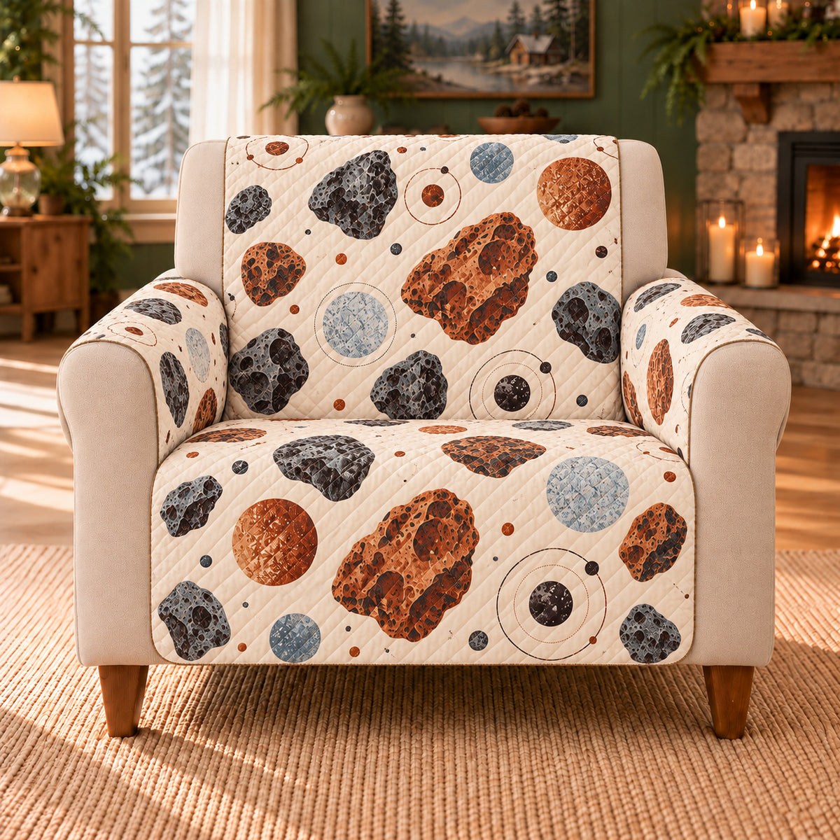 Meteorite Specimen Scatter sofa cover on a beige armchair