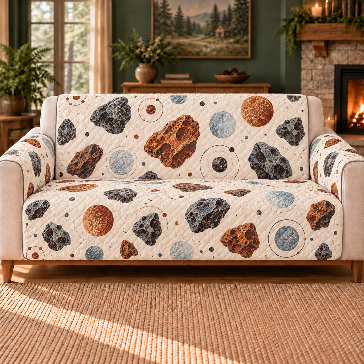 Meteorite Specimen Scatter sofa cover on a beige sofa