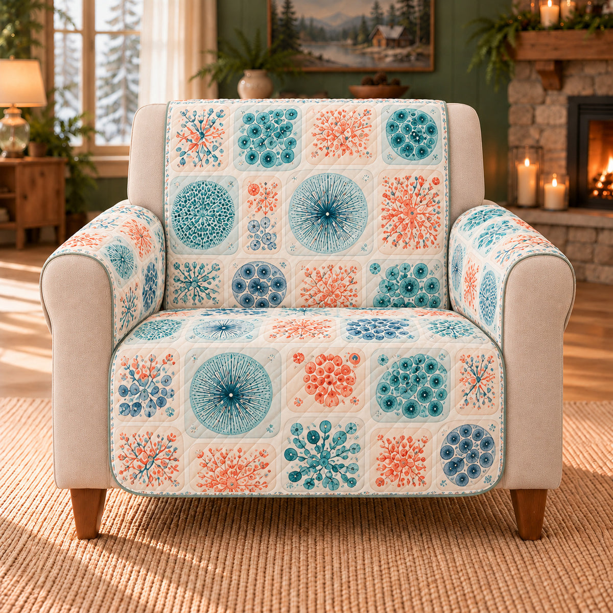 Micro Atlas Soft Tiles sofa cover on a beige armchair