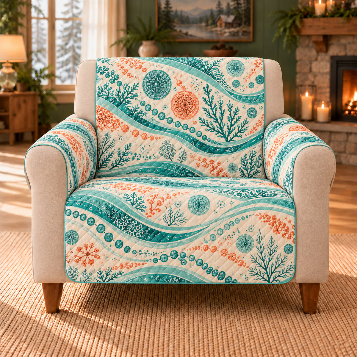Microalgae Current Bands sofa cover on a beige armchair