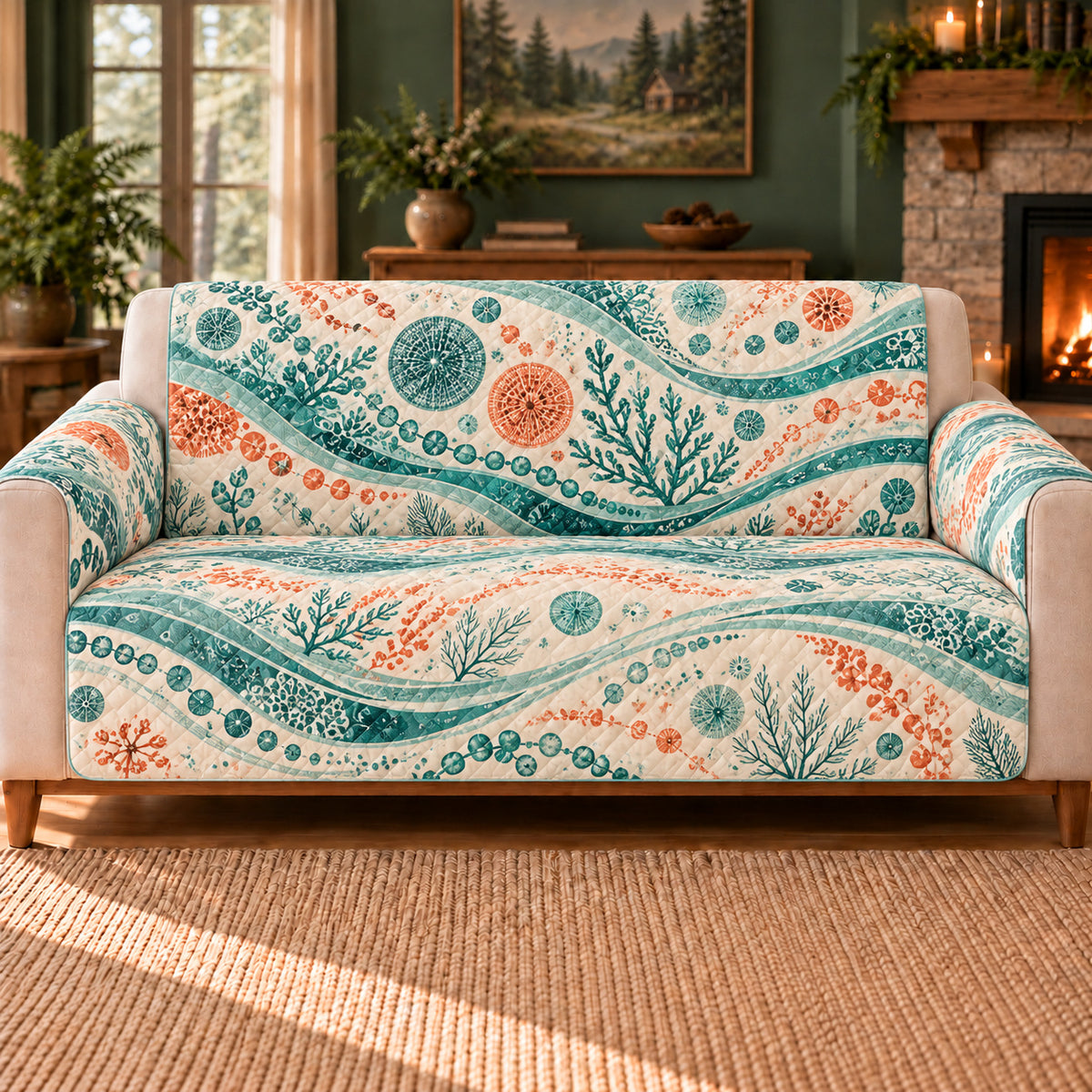 Microalgae Current Bands sofa cover on a beige sofa