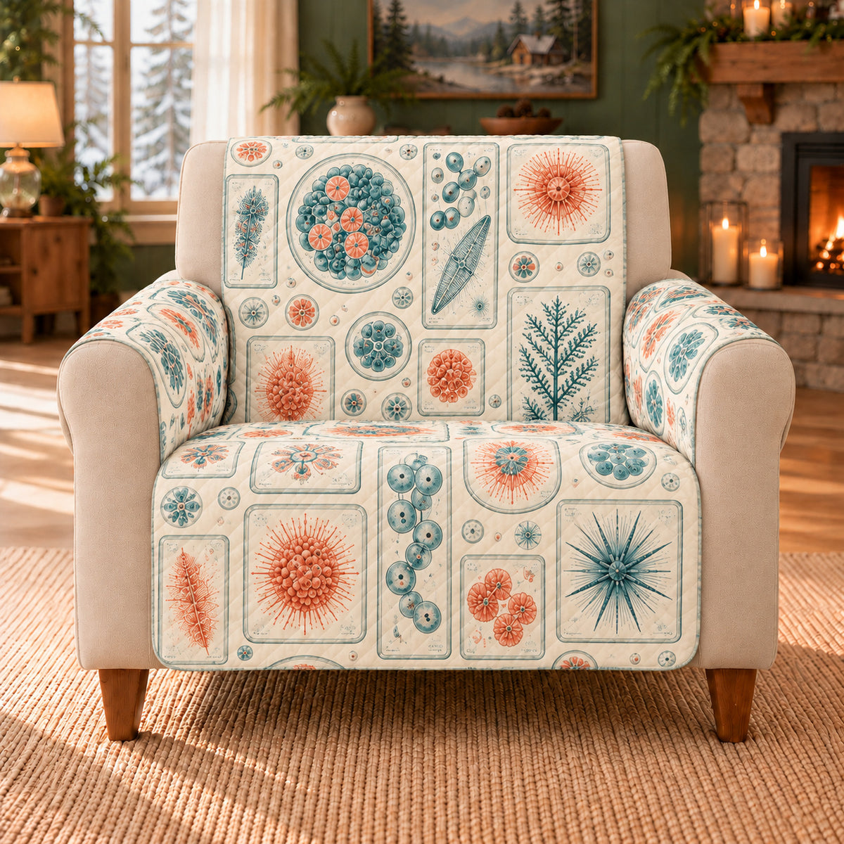 Microscope Slide Windows sofa cover on a beige armchair