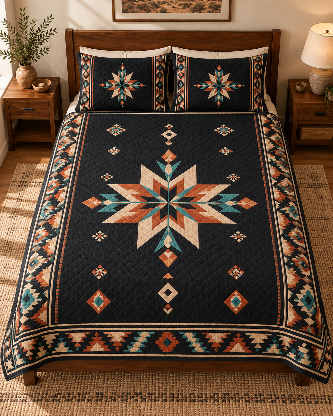 Midnight Canyon Star quilt set – overhead, AI styled mockup