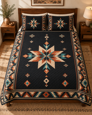 Midnight Canyon Star quilt set – overhead, AI styled mockup