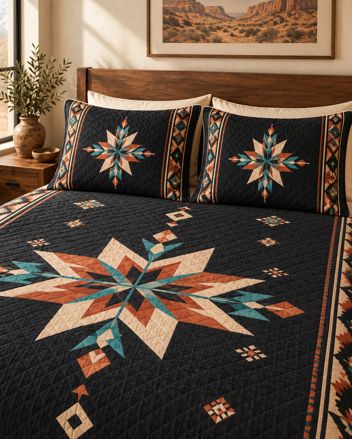 Midnight Canyon Star quilt set – pillow-detail, AI styled mockup