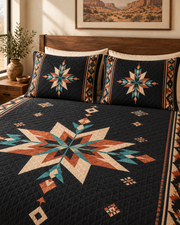 Midnight Canyon Star quilt set – pillow-detail, AI styled mockup