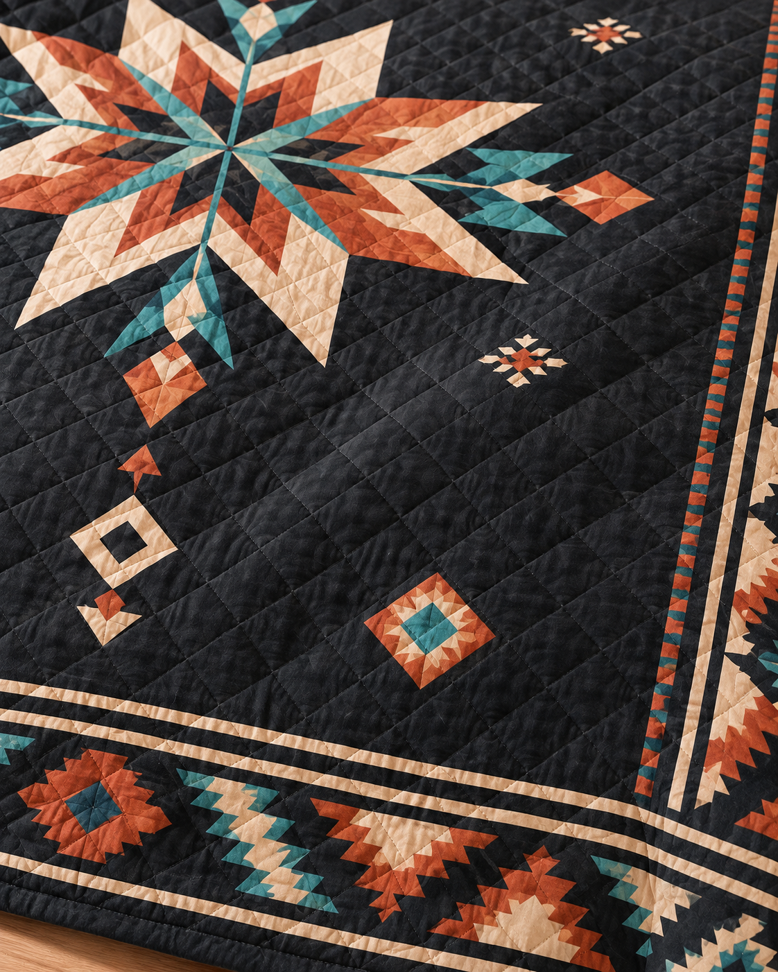 Midnight Canyon Star quilt set – print-detail, AI styled mockup