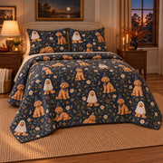 Midnight Costume Doodle Goldendoodle Starry Garden Quilt Set, angled goldendoodle starry garden bedroom view