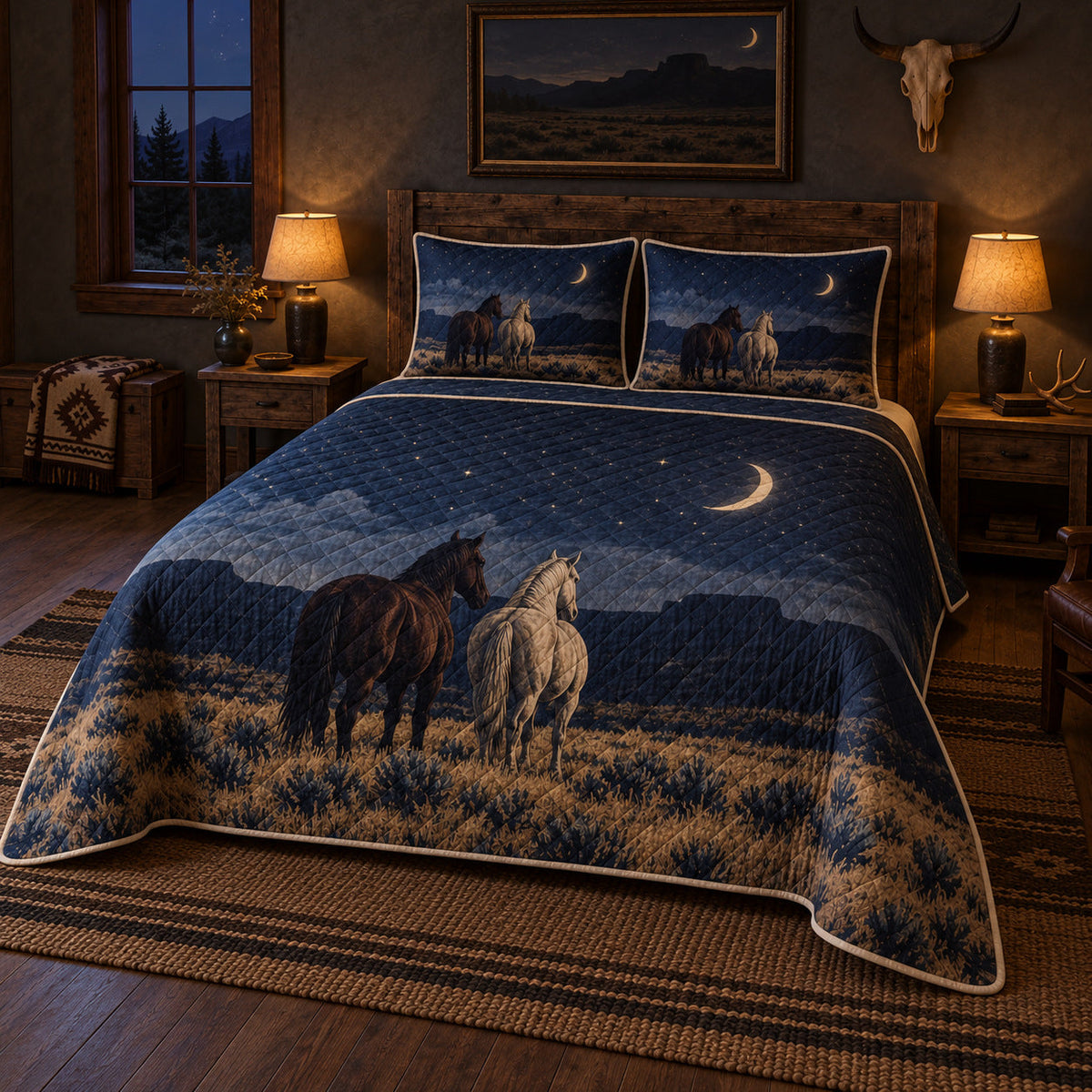Midnight Ranch Horse Western Ranch Quilt Set, angled horse western ranch bedroom view