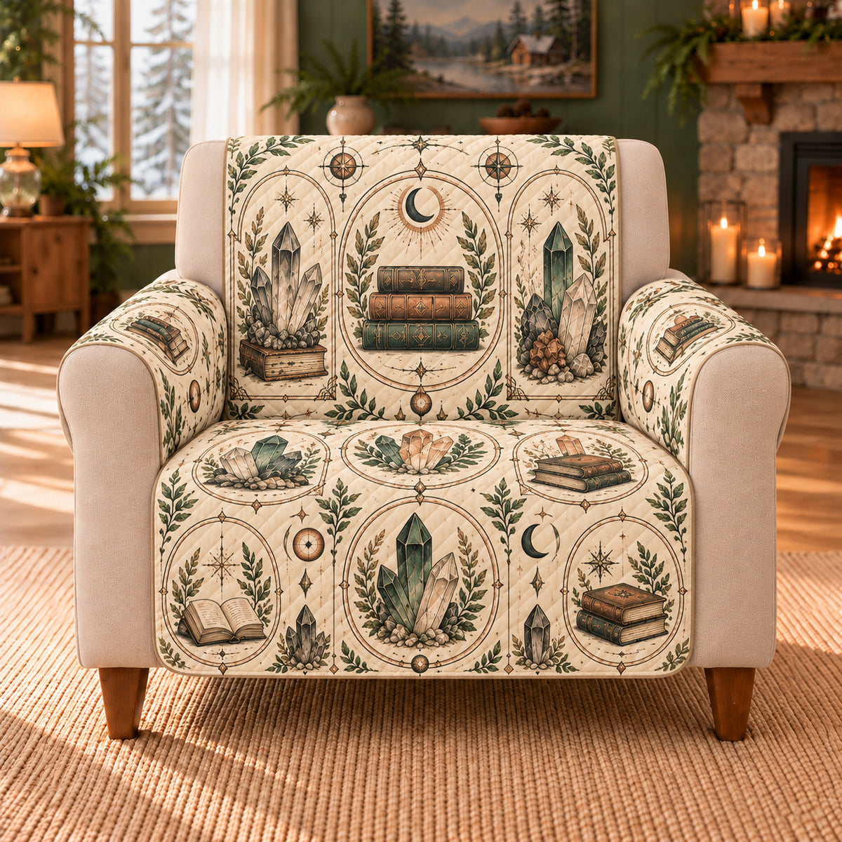 Mineral Book Cameos sofa cover on a beige armchair