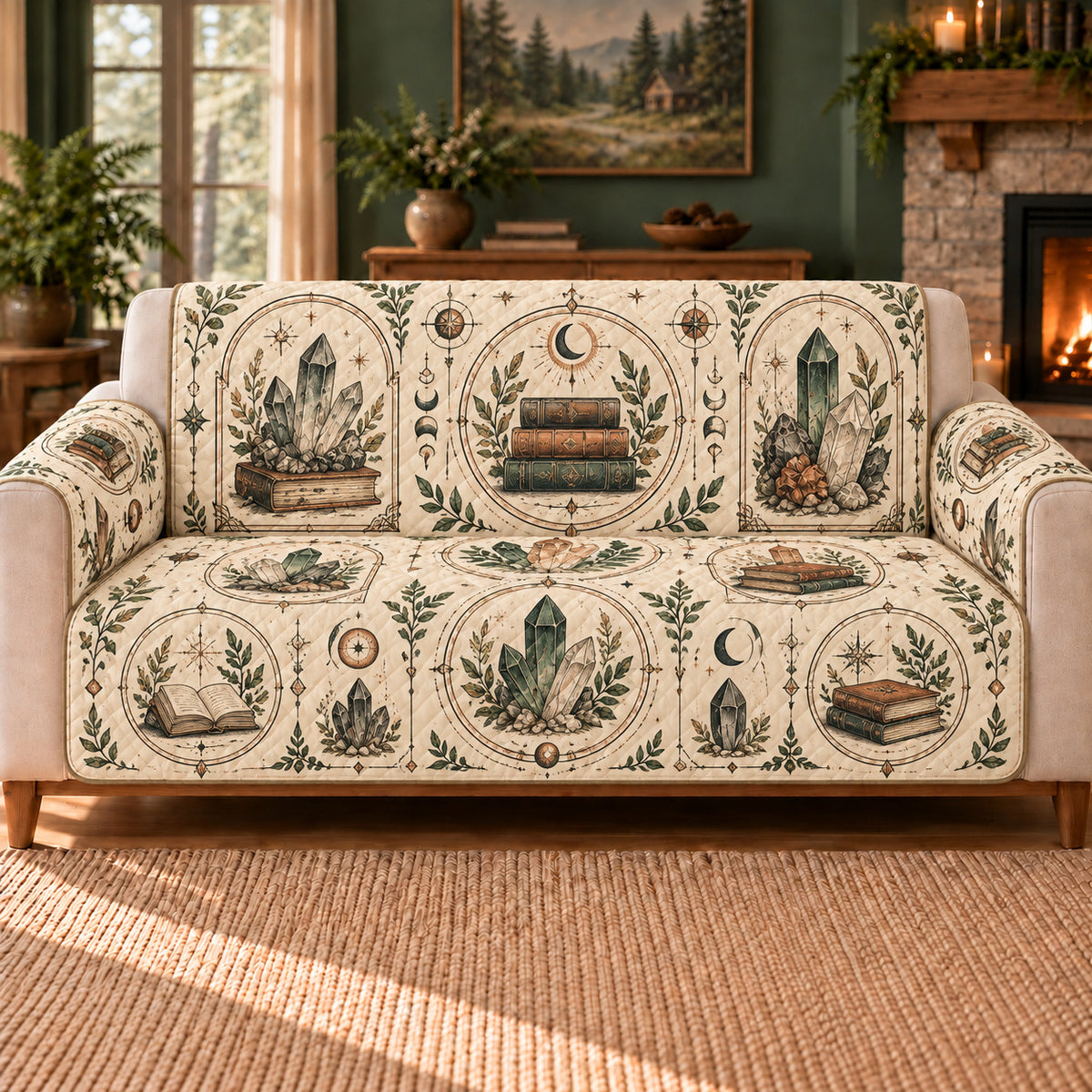 Mineral Book Cameos sofa cover on a beige sofa