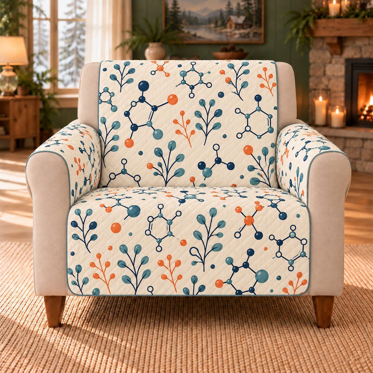 Molecule Sprig Repeat sofa cover on a beige armchair