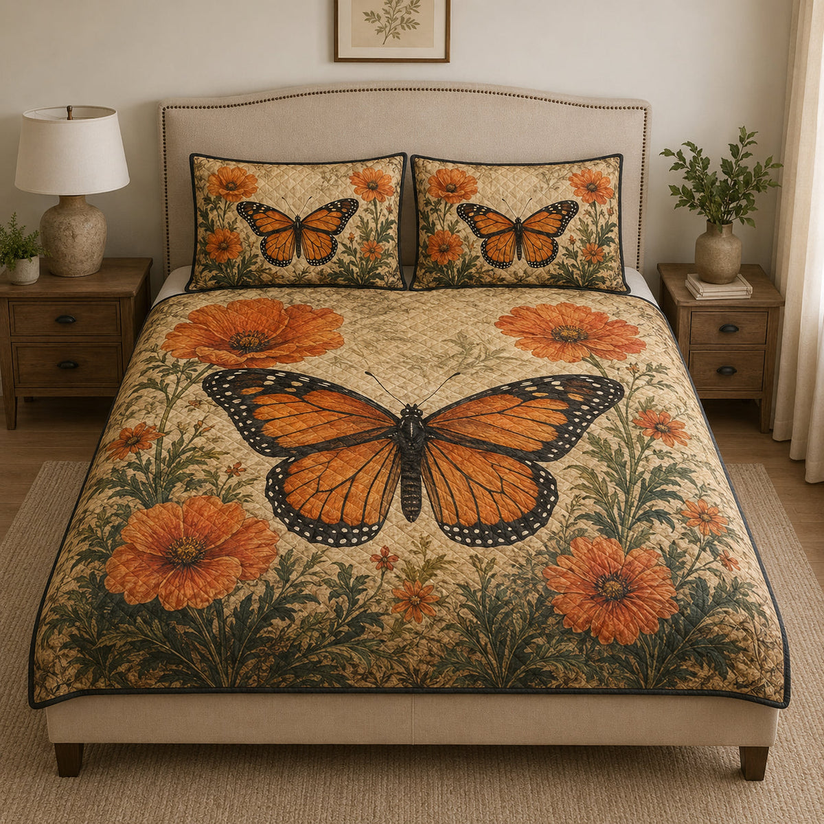 Monarch Butterfly Floral quilt design with coordinating pillow shams