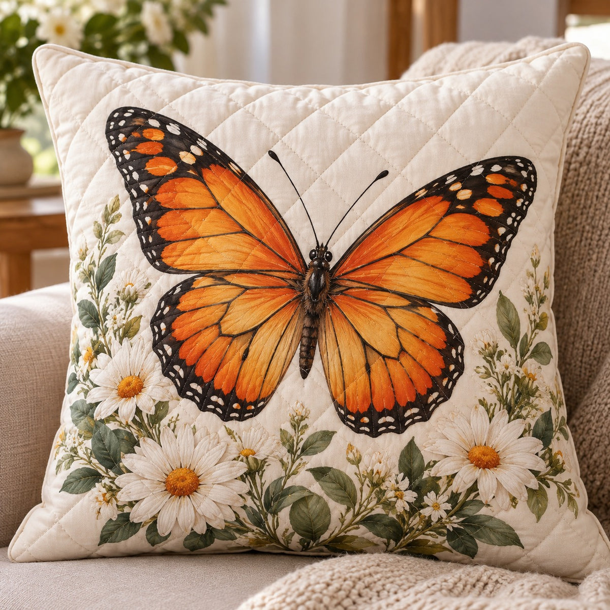 Monarch butterfly and white daisy quilted throw pillow, AI-generated mockup 1