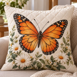 Monarch Butterfly Quilted Throw Pillow, Daisy Floral Decor, Gift for Butterfly Lovers