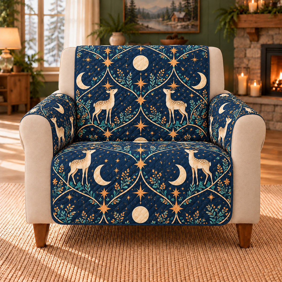 Moon Deer Star Trellis sofa cover on a beige armchair