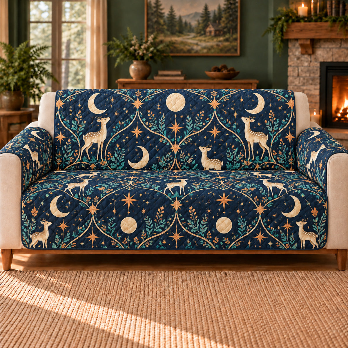 Moon Deer Star Trellis sofa cover on a beige sofa