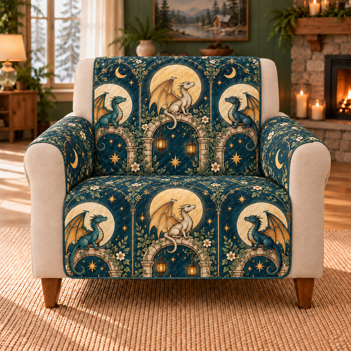 Moon Dragon Arches sofa cover on a beige armchair