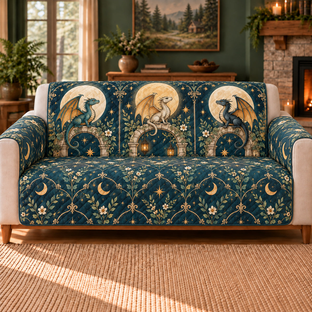 Moon Dragon Arches sofa cover on a beige sofa