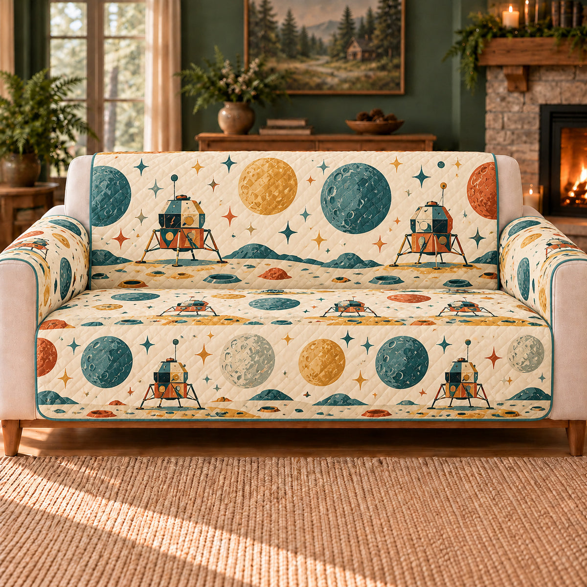 Moon Landing Motif Row sofa cover on a beige sofa