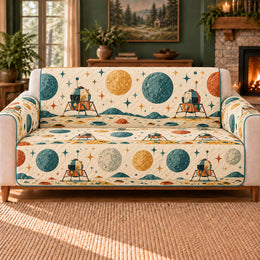 Moon Landing Motif Row Sofa Cover, Retro Space Decor, Gift for Rocket Fans