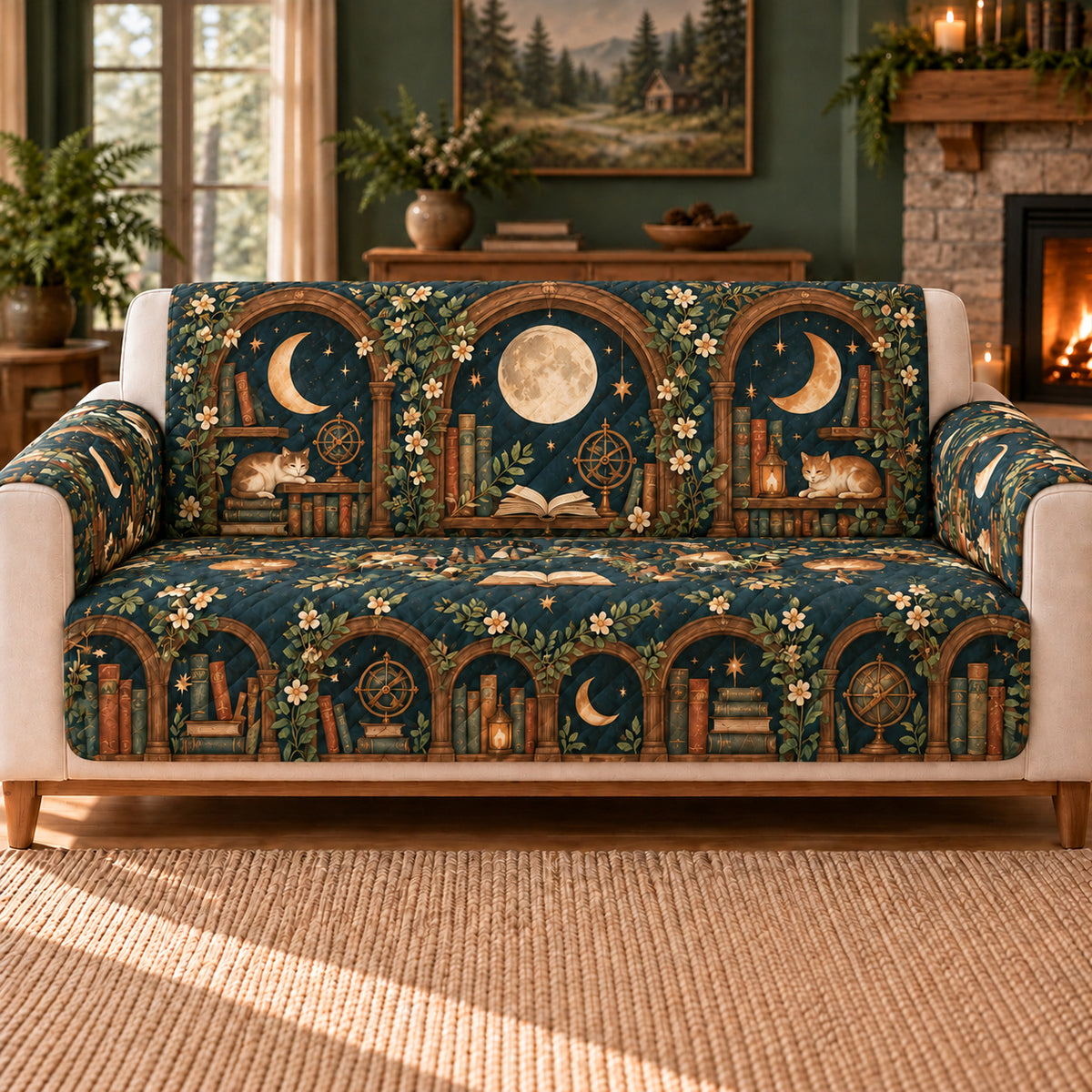 Moon Library Alcoves cover on a beige sofa, AI-generated design preview