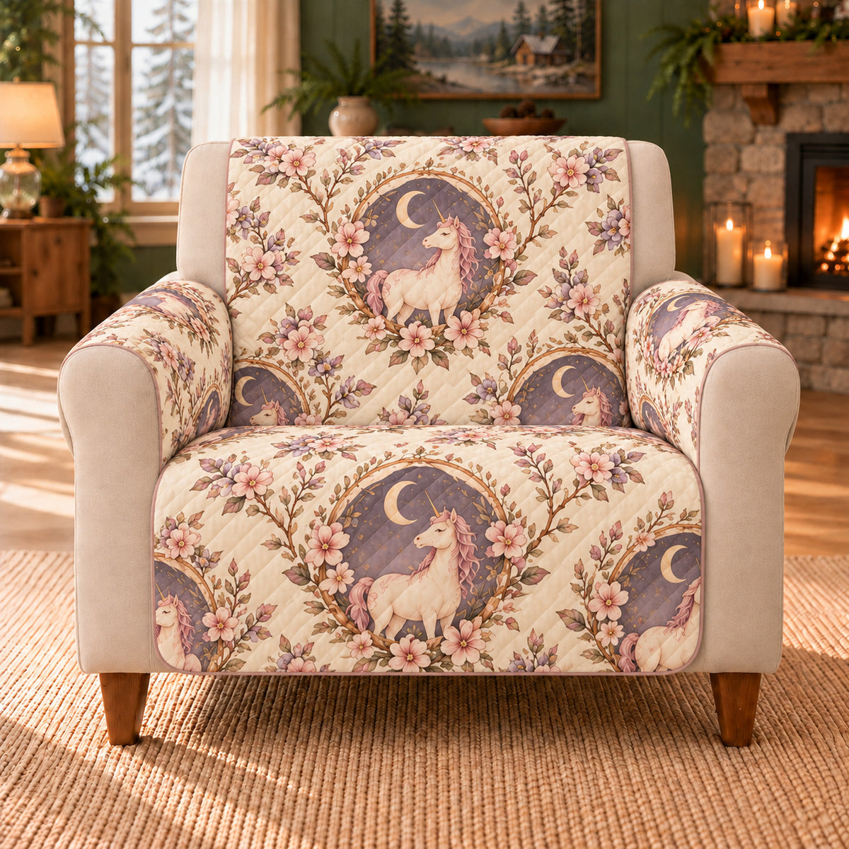Moon Orchard Unicorn Cameos sofa cover on a beige armchair