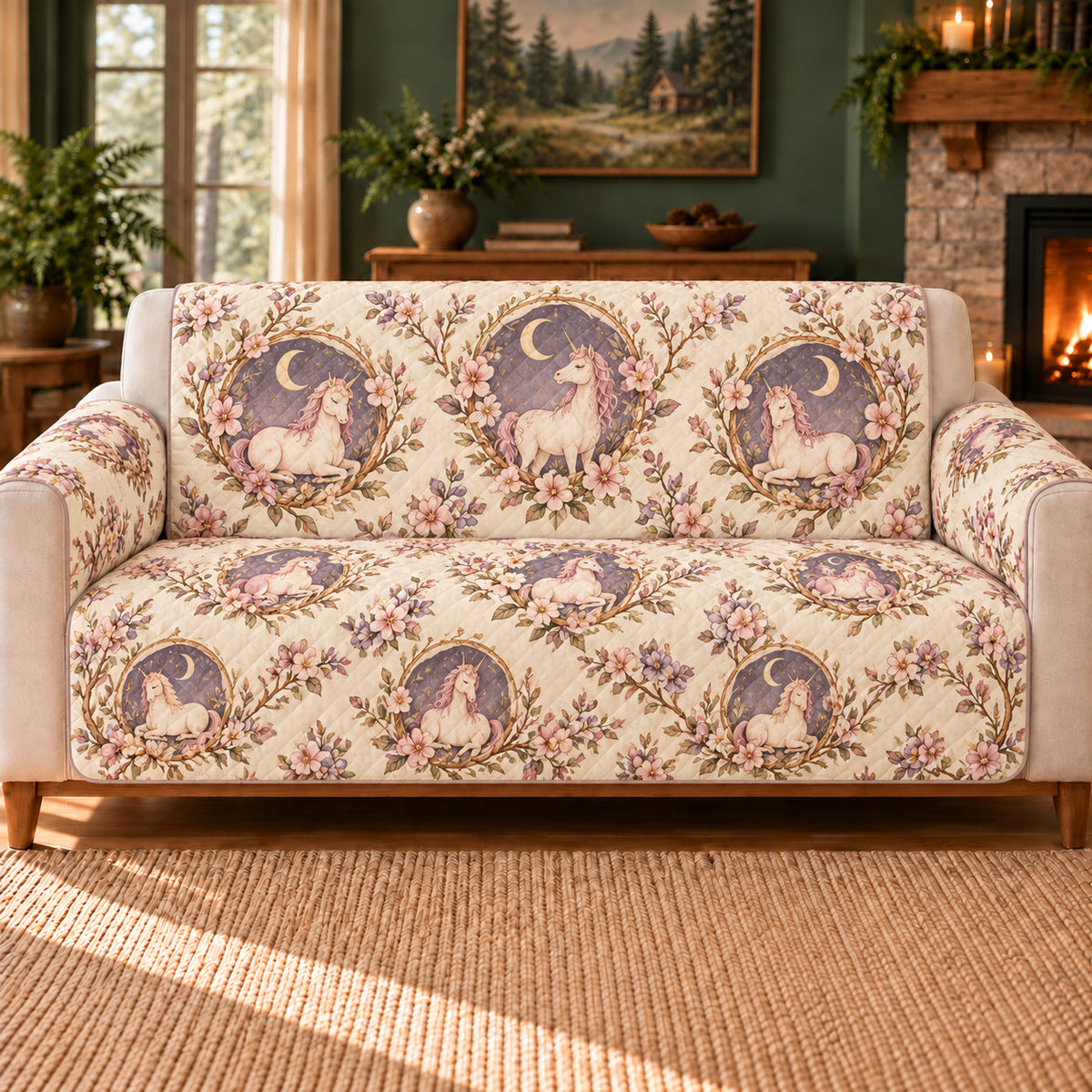 Moon Orchard Unicorn Cameos sofa cover on a beige sofa